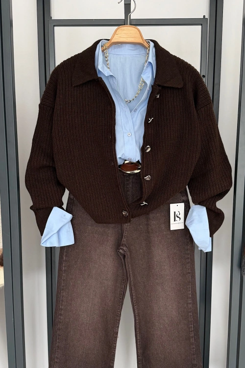 6 Düğmeli Hırka Koyu Kahve