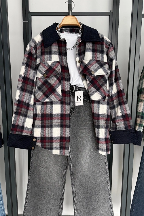 Kadife Detaylı Oduncu Ceket Bordo