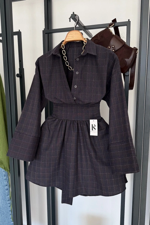 Bel Korse Detaylı Gömlek Elbise Lacivert