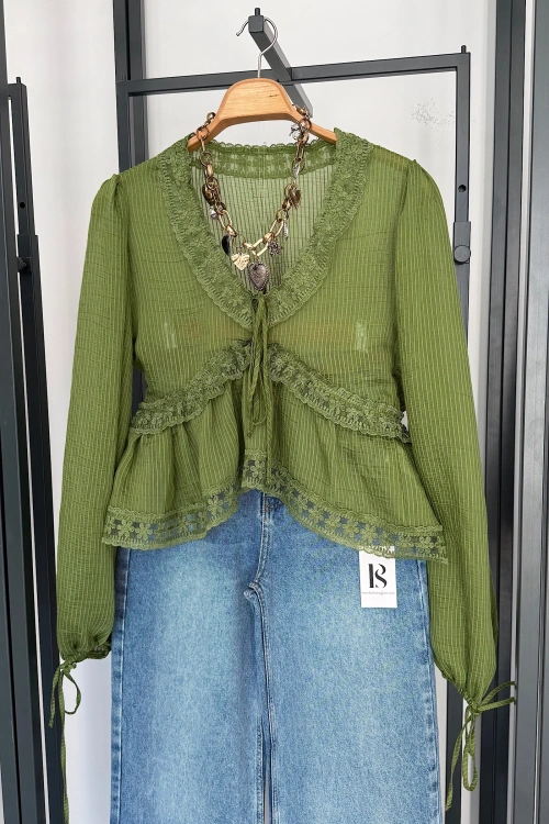 Dantelli Uzun Kol Bluz Yeşil