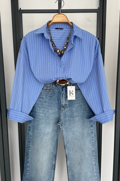 İnce Şerit Çizgili Gömlek Mavi