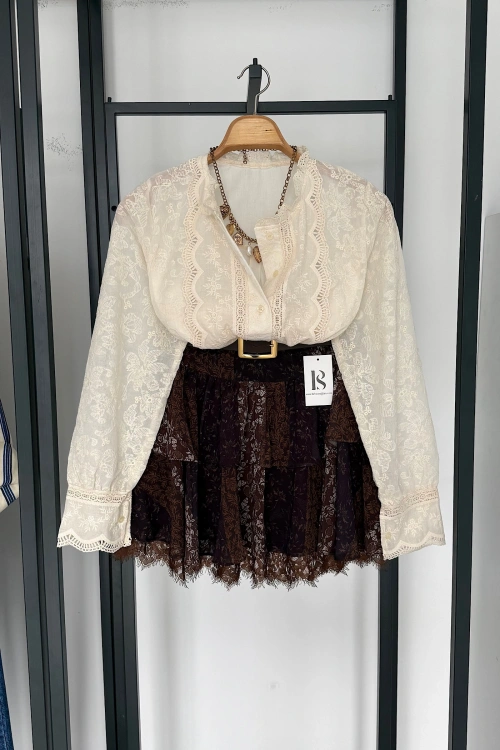 Dantel Nakış İşlemeli Gömlek Krem