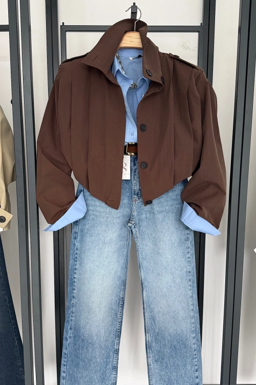 Vatkalı Pile Detay Trenç Kahverengi