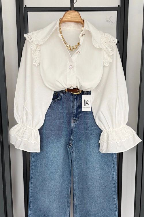 Bebe Yaka İnci Düğmeli Gömlek Beyaz