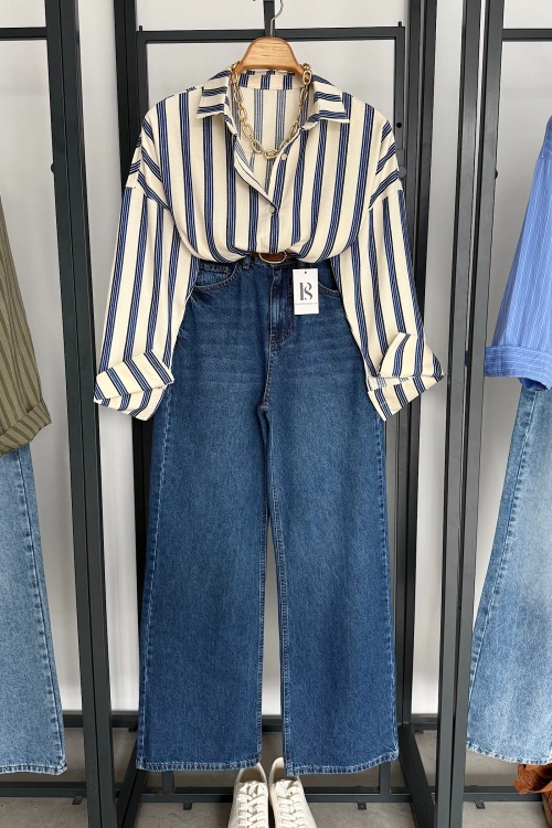 Mavi Çizgili Oversize Gömlek Krem