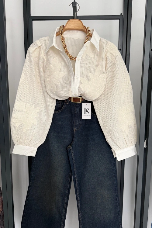 Dokulu Yaprak Nakış Gömlek Krem