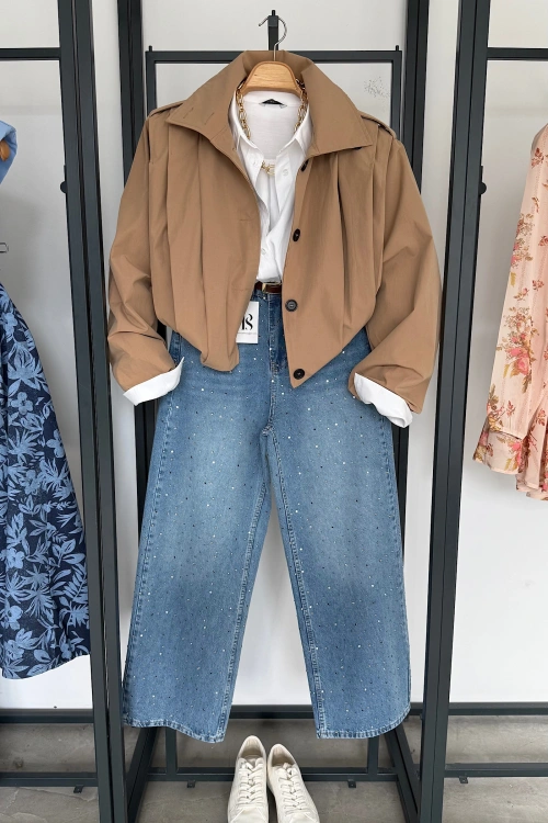 Vatkalı Pile Detay Trenç Camel