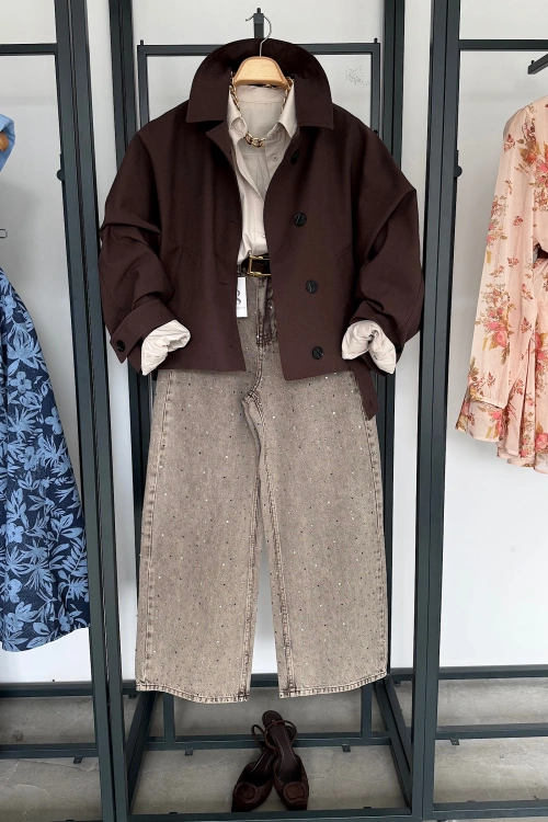 Yarasa Kol Crop Trenç Kahverengi