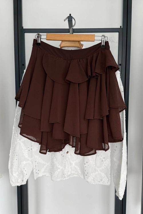 Fırfırlı Mini Şifon Etek Kahverengi