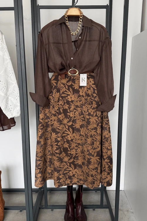 Cepli Gabardin Kloş Etek Kahverengi