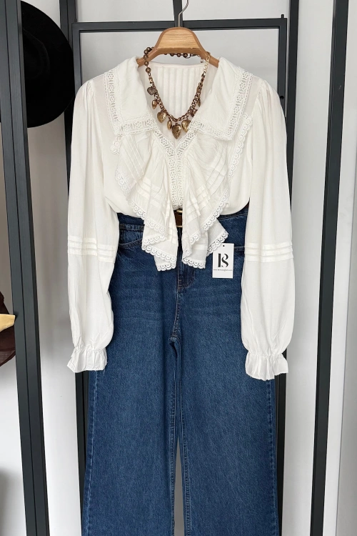 Bs Dantel Detay Fırfırlı Gömlek Beyaz