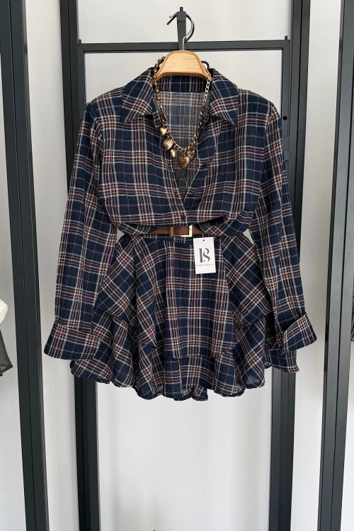 Eteği Katlı Ekose Gömlek Takım