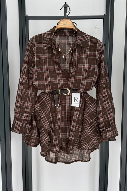 Eteği Katlı Ekose Gömlek Takım Kahverengi
