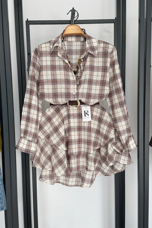 Eteği Katlı Ekose Gömlek Takım Bej