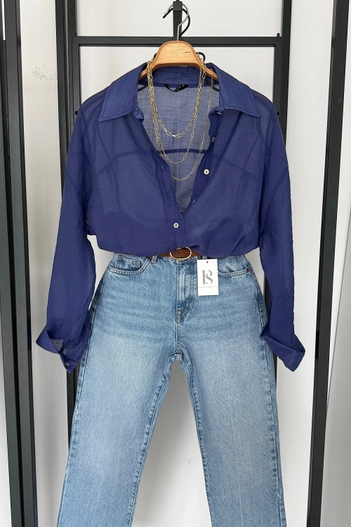 Oversize İpeksi Gömlek Lacivert