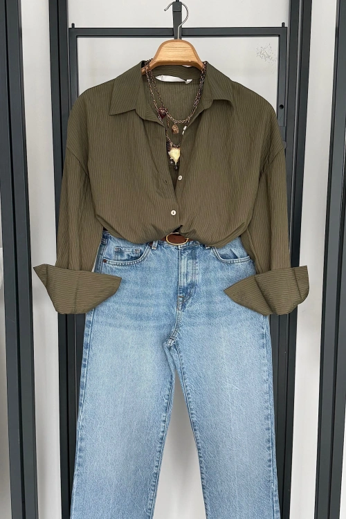 Çizgili Viskon Gömlek Haki