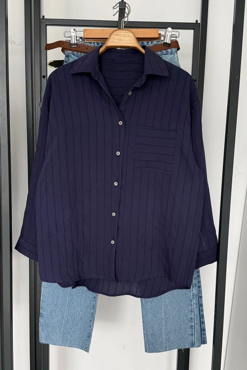 Bs Tek Cepli Dokumalı Gömlek Lacivert