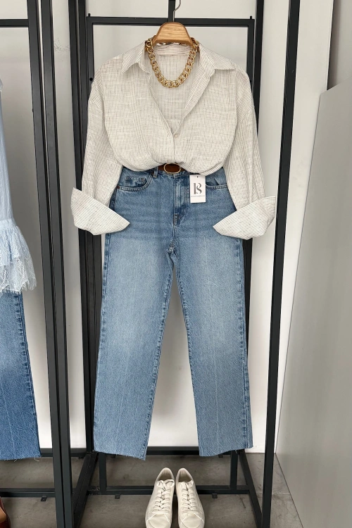 Çizgili Pamuklu Gömlek Beyaz