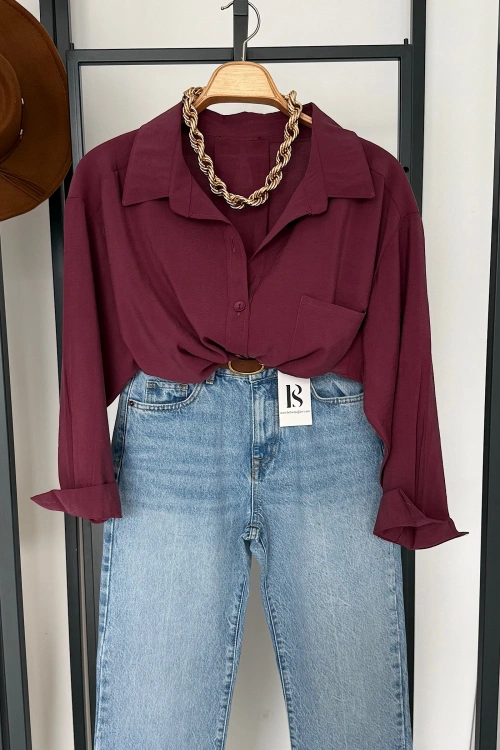 Tek Cep Oversize Gömlek Mürdüm