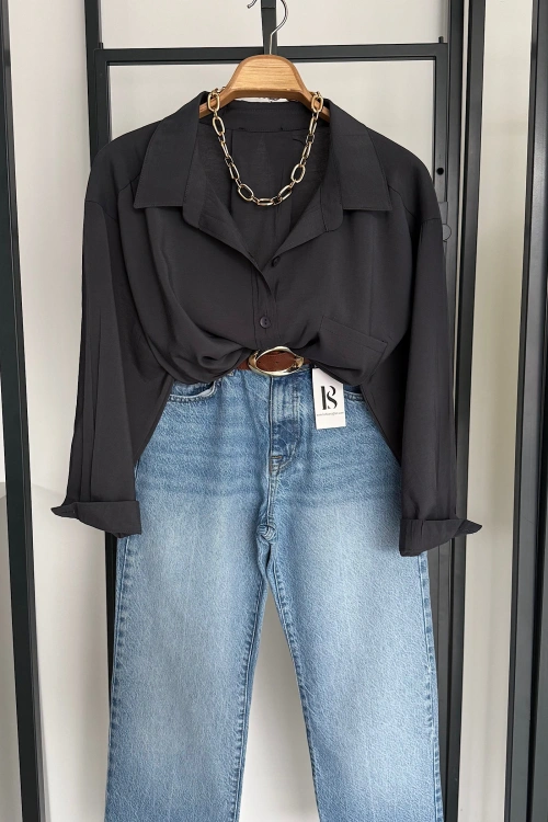 Tek Cep Oversize Gömlek Füme