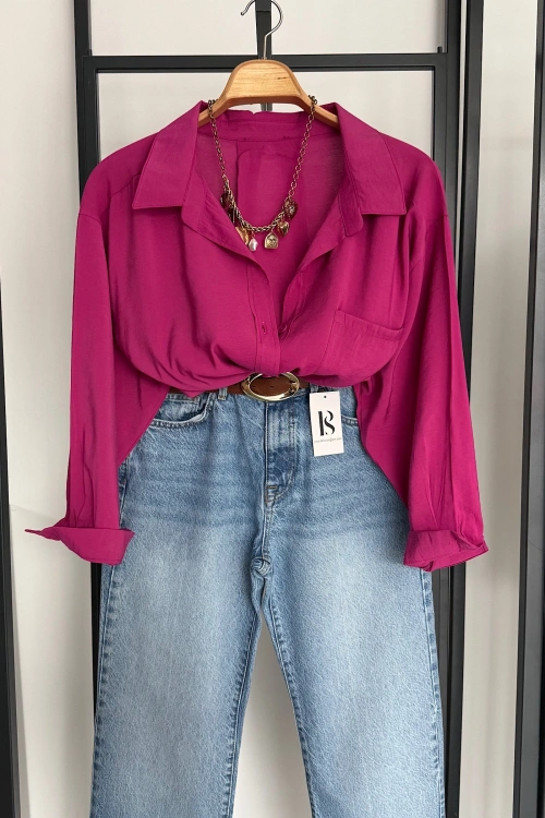 Tek Cep Oversize Gömlek Fuşya