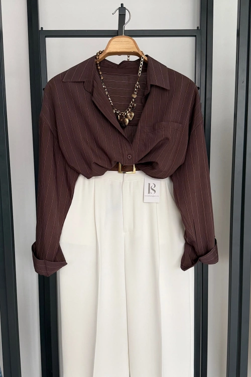 Basic Çizgili Salaş Gömlek Kahverengi