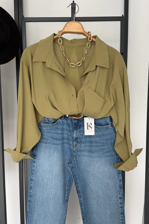 Tek Cep Oversize Gömlek Yağ Yeşili