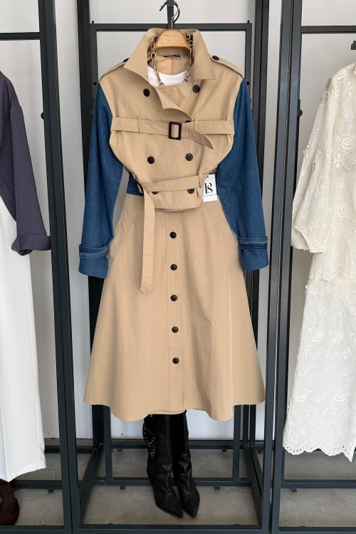 Kot Detaylı Etek Ceket Takım Krem