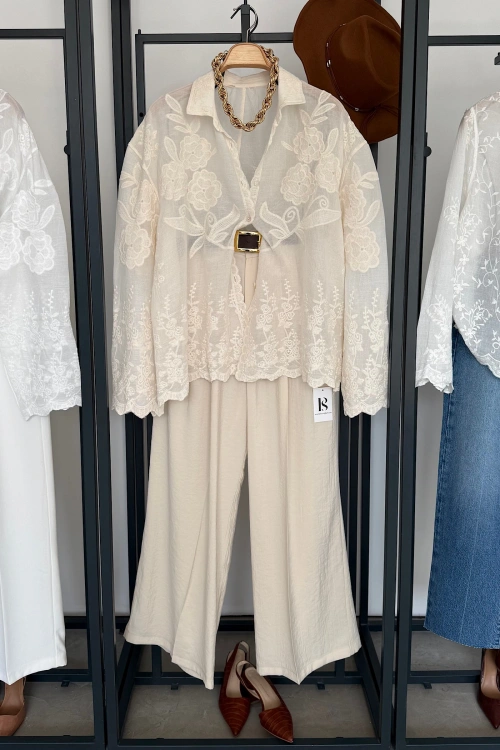 Luka Nakışlı Premium Gömlek Natural