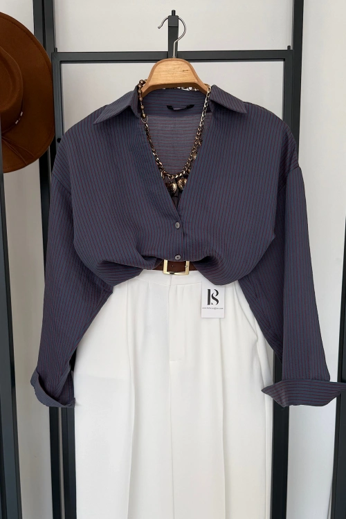 İnce Çizgili Gömlek Mavi-Bordo