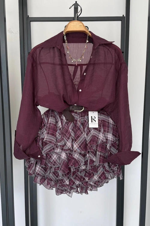 Beli Lastikli Fırfırlı Mini Etek Bordo