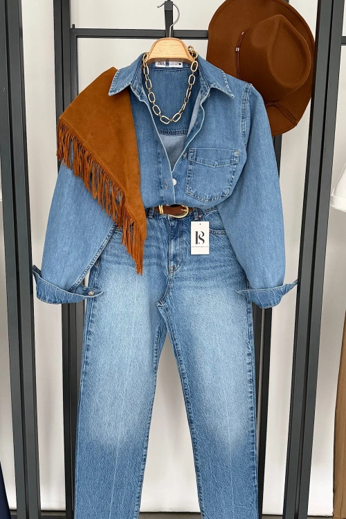 Crop Kot Gömlek Mavi