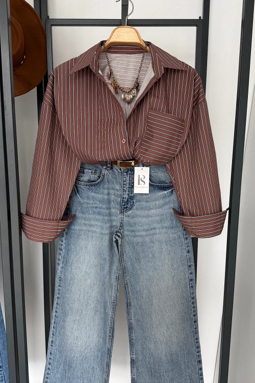 Oversize Çizgili Cepli Gömlek Kahverengi