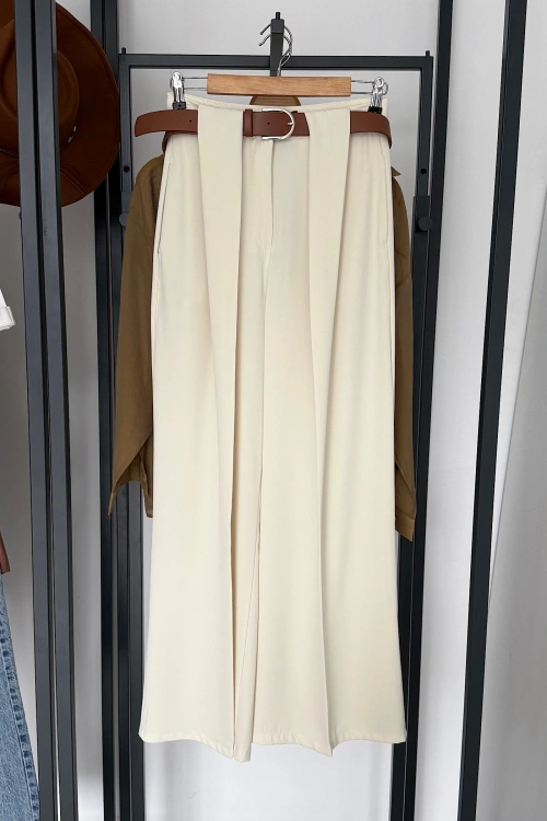 Kendinden Kemerli Kumaş Pantolon Ekru