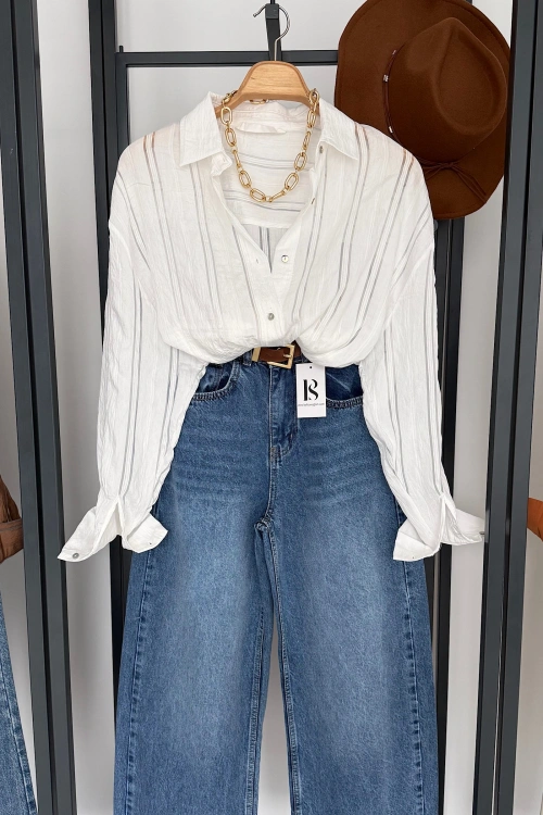 Organze Çizgili Gömlek Beyaz