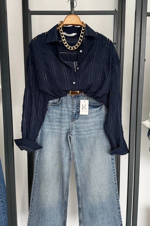 Organze Çizgili Gömlek Lacivert