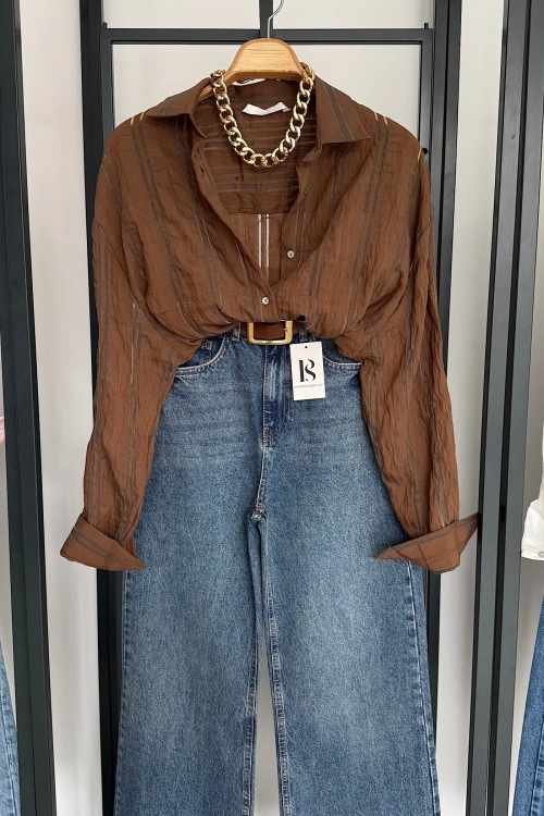 Organze Çizgili Gömlek Kahverengi