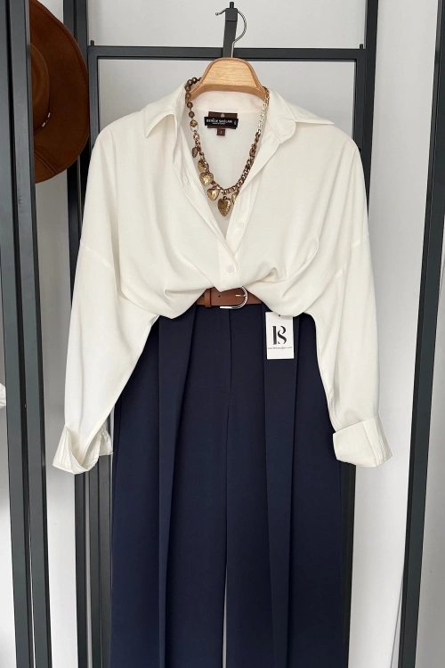 Dökümlü Tensel Oversize Gömlek Beyaz