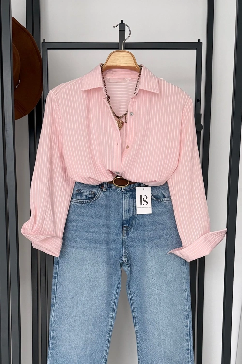 Çizgi Desenli Gömlek Pembe