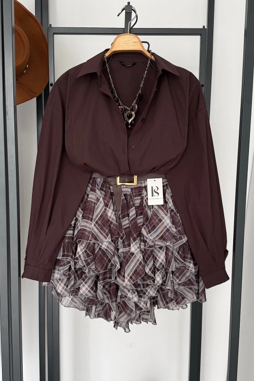 Beli Lastikli Fırfırlı Mini Etek Kahverengi