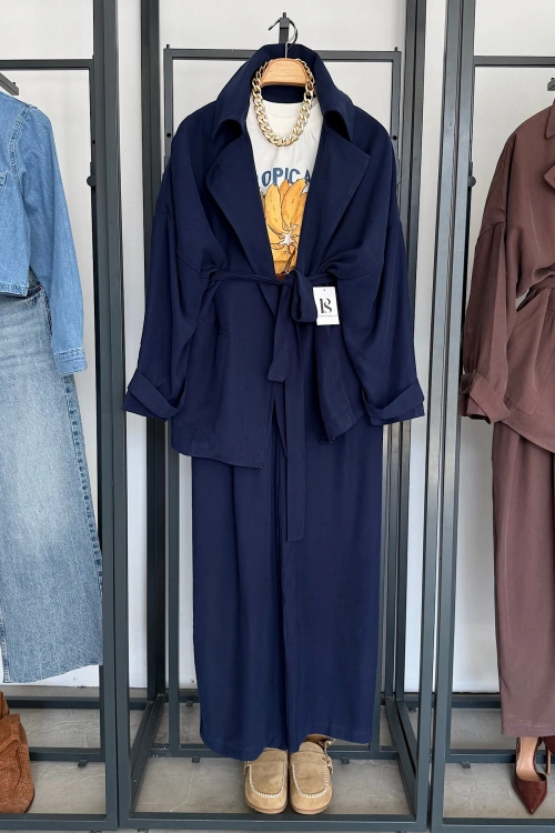 Beli Lastikli Tensel Kimono Takım Lacivert