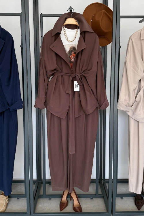 Beli Lastikli Tensel Kimono Takım Kahverengi