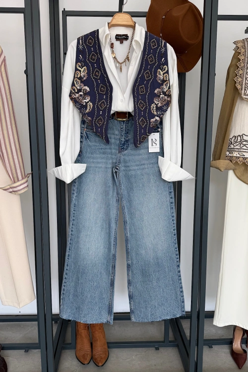 Pullu Tasarım Yelek İndigo