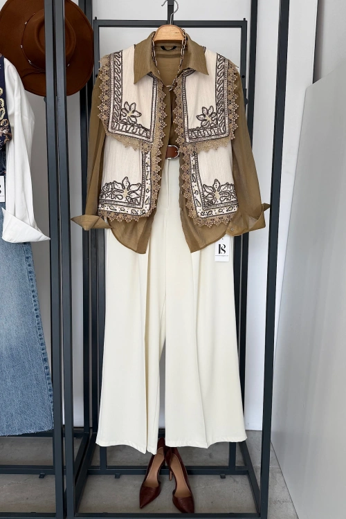 Tasarım Nakışlı Yelek Krem