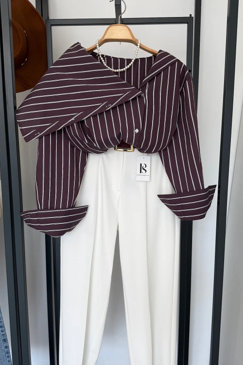 Çizgili Kayık Yaka Gömlek Kahverengi