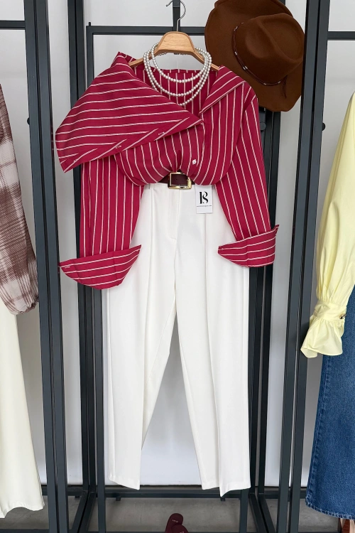 Çizgili Kayık Yaka Gömlek Kırmızı