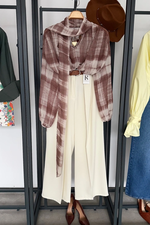 Boyun Bağlamalı Şifon Gömlek Kahve-Krem