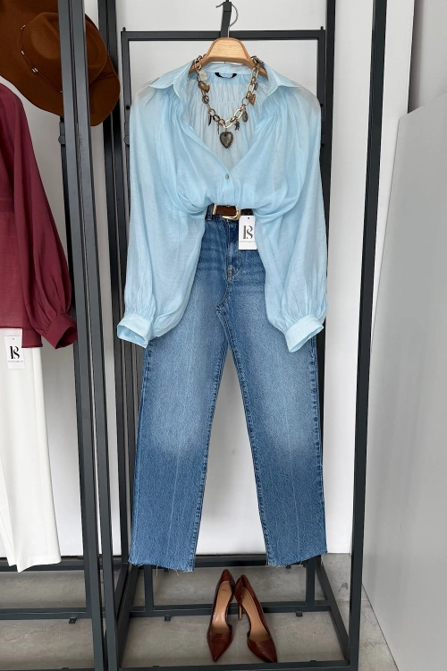 Balon Kol Dökümlü Gömlek Mavi