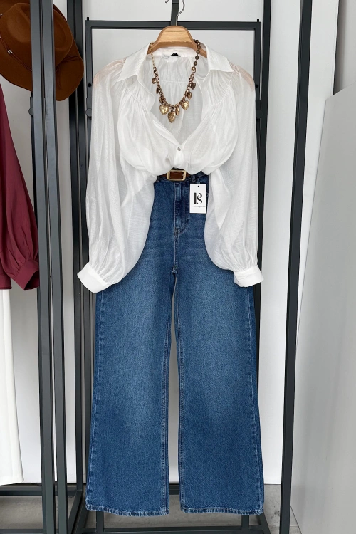 Balon Kol Dökümlü Gömlek Beyaz