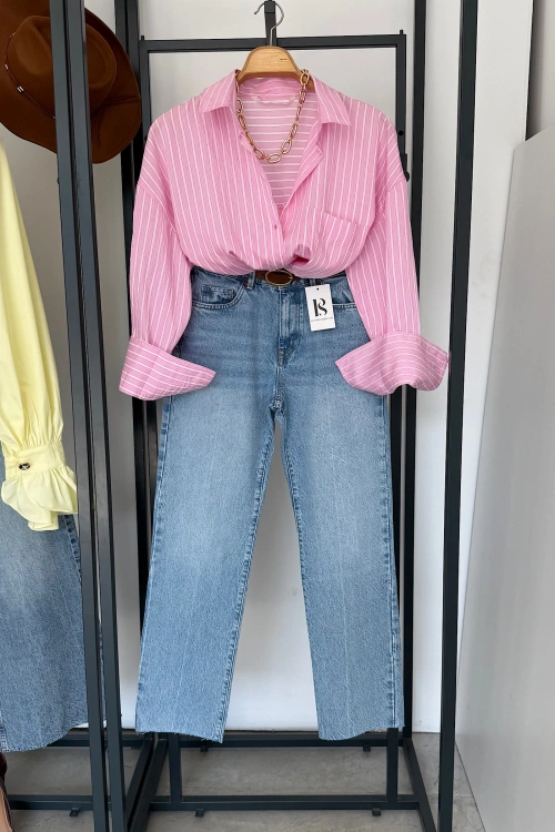 Beyaz Çizgili Pembe Gömlek Pembe